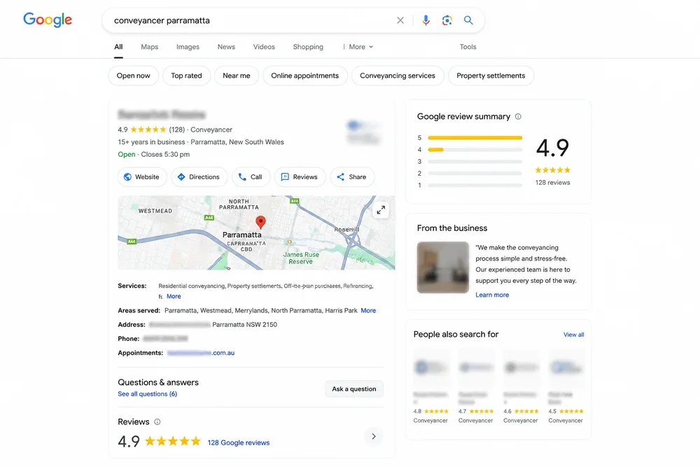 Example Google Business Profile search result for a conveyancing firm in Parramatta with a 4.9 star rating