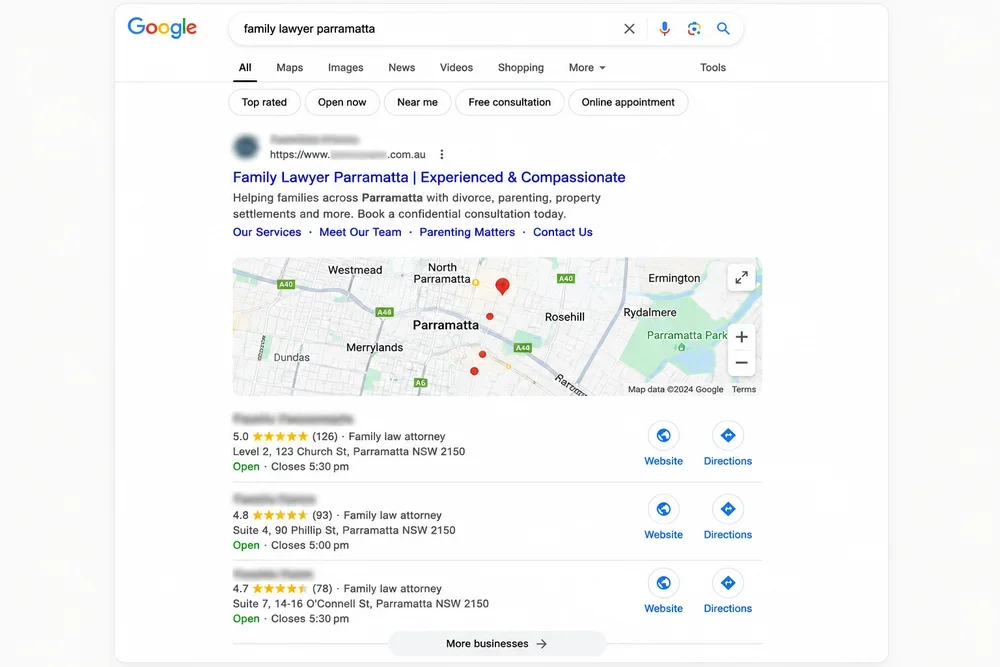 Example Google local search results and map pack for family lawyer parramatta