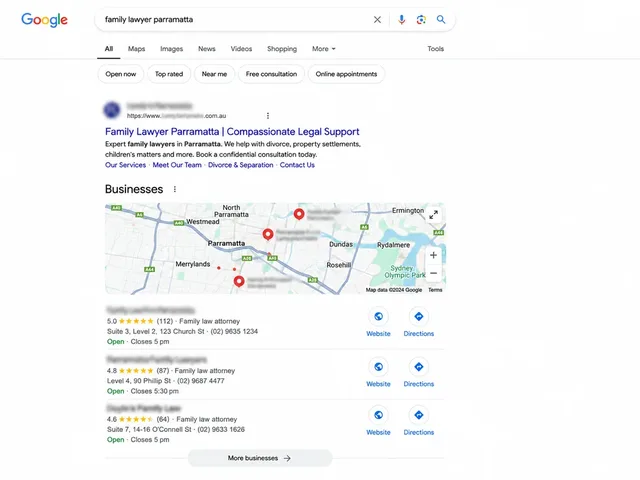 Google search results showing a family law firm ranking first for family lawyer Parramatta